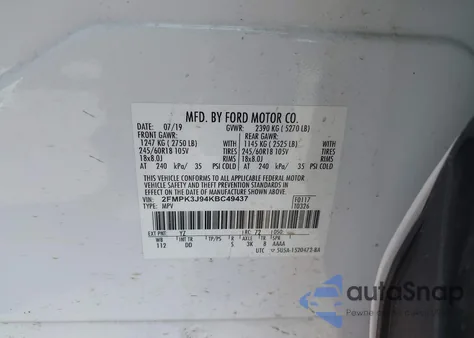 2019 Ford Edge Sel z USA, uszkodzony, nr VIN 2FMPK3J94KBC49437